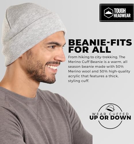 Tough Headwear Merino Wool Beanie - Moisture Wicking Winter Hats for Women - Stretchy Mens Beanie - Breathable Wool Hat - color: Basic - Light Gray