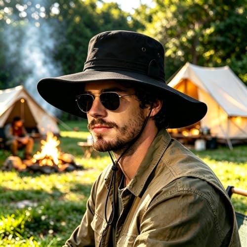 Sun Fishing Hat for Men UPF 50+ Wide Brim Boonie Hats for Summer - color: Black