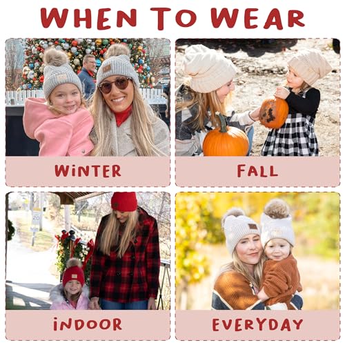 Funky Junque Mommy & Me Pom Pom Beanies Set – Infant Baby & Mom Matching Winter Outfits, Warm Newborn & Women's Beanie Hats - color: Aztec - Black