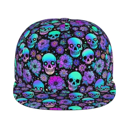 Skull Snapback Hat for Men Women, Stylish Flat Bill Hat Baseball Caps Adjustable Flat Brim Hip Hop Trucker Hats Sun Cap - color: Bright Human Skulls and Flowers 16