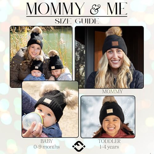 Funky Junque Mommy & Me Double Pom Beanies 3-Pack Matching Winter Hats for Mom, Toddler & Infant Girls, Cozy Knit Family Set - color: Adult/Toddler (Single Pom)/Infant (Double Pom) - Diagonal Stripes - Black (3 Pack)