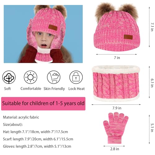 Kids Winter Beanie Hat Scarf Gloves Set,Toddlers Knit Winter Warm Double Pompom Cap Scarf Gloves for Girls Boys 1-5 Years Old - color: Pink Mix