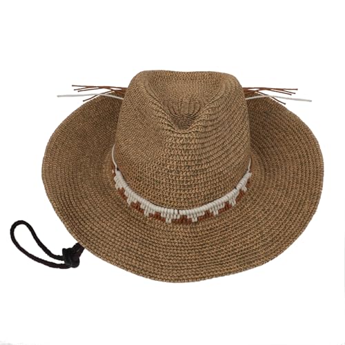 Women Men’s Western Cowboy Hat Summer Straw Hat Mexican Cowgirl Hat Newsboy Sunblock Top Cap Wide Brim Sun Hat - color: Coffee Cowboy Hat With White Knit Belt