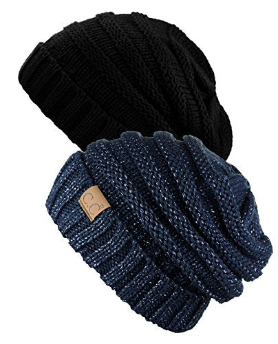 NYFASHION101 Oversized Baggy Slouchy Thick Winter Beanie Hat - color: Black & Navy Metallic