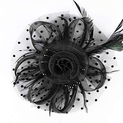 DRESHOW Fascinators Hat Flower Mesh Ribbons Feathers on a Headband and a Clip Tea Party Headwear for Girls and Women - color: 7" Black + Necklace+ Earrings+ Bracelet