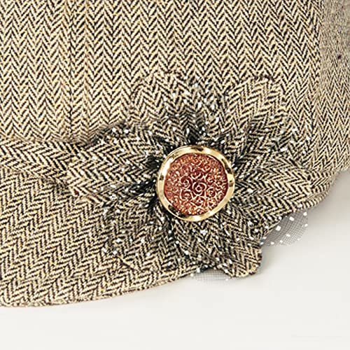 Women Retro Classic Visor Newsboy Cabbie Cap Beret Hats with Flower Buckle for Woman Ladies - color: 1khaki