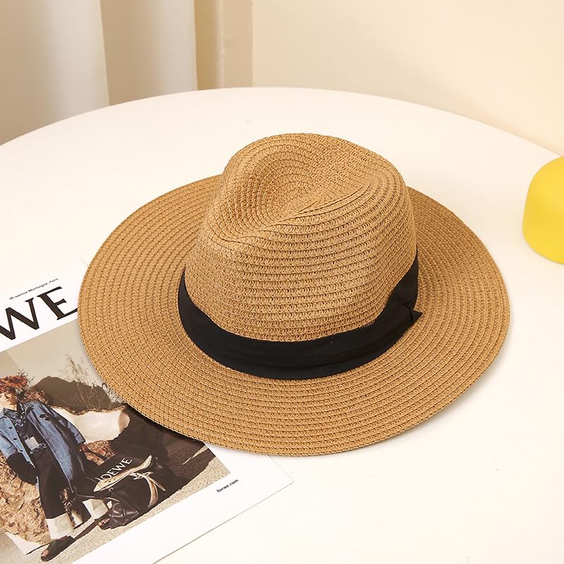 Unisex Adjustable Summer Straw Fedora Hat Sun Cap Panama Wide Brim For Beach Summer Outdoors Camping Supplies - color: Khaki