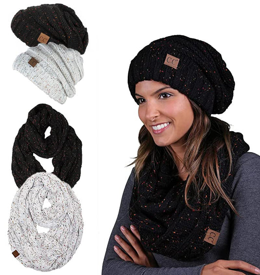 Funky Junque Slouchy Beanie & Infinity Scarf Gift Set – Matching Winter Accessories Sets for Women, Oversized Hat and Scarves - color: 2 Pack: Confetti Black & Confetti Ivory