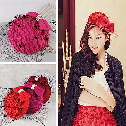 Fascinators Hats Pillbox Hat for Girl and Women - color: Wine Red-fascinator With Bowknot Veil