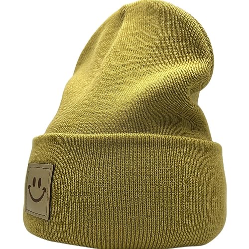 55cube Unisex Knit Cuffed Beanie Hats Warm Winter Caps with Leather Logos - color: Honey Yellow