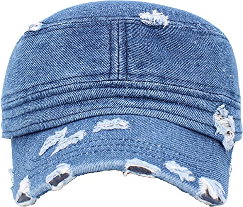 Vintage Distressed Cadet Army Cap Basic Everyday Military Style Hat - color: Medium Denim Vintage Distressed