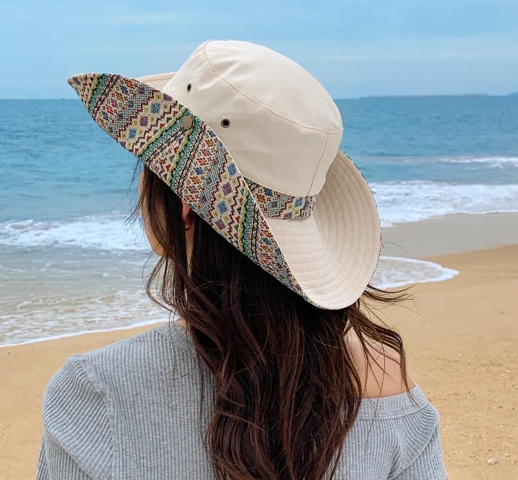 Womens Wide Brim Floral Summer Sun Hat UPF 50+ Ethnic Style Foldable Floppy Sun Protection Travel Beach Bucket Hat - color: Beige