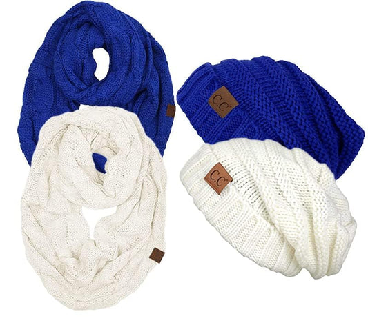 Funky Junque Slouchy Beanie & Infinity Scarf Gift Set – Matching Winter Accessories Sets for Women, Oversized Hat and Scarves - color: 2 Pack: Ivory & Royal Blue