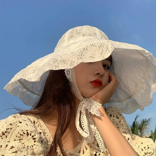 Ladies Floppy Lace Sun Hat Womens Foldable Wide Brim Fedoras UPF 50+ Summer Sun Visor Cap Large Beach Bucket Hat - color: White