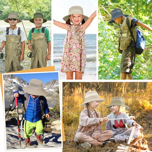 American Trends Quick Dry Boys Sun Hat - Dual Adjustable UV Protection Breathable Kids Safari Bucket Cap for Beach Pool - color: Deep Khaki