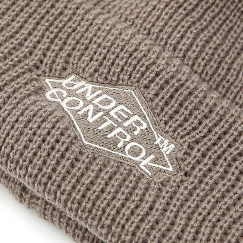 UNDERCONTROL Logo Label Patch Unisex Fall Winter Short Thick Cuffed Rollup Warm Beanie Korea Trawler Fisherman Knit Skull Hat - color: Road Sign Oatmeal