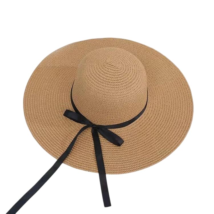 Women's Extra Wide Brim Straw Floppy Panama Sun Hat with Bow - color: Khaki