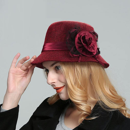 Glamorstar Vintage Felt Cloche Hat Winter Floral Fedora Bucket Hat Bowler Hats - color: Red 3