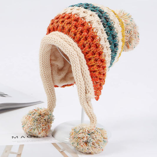 Women Winter Peruvian Cover Ears Beanie With Ear Flaps - Knit Crochet Hat - color: Beige