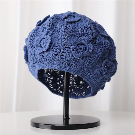 yolrdiw Cotton Crochet Beanie Handmade Floral Beret Beach Travel Boho Hat - color: Blue