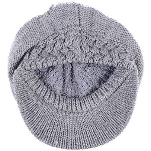 BYOS Womens Winter Chic Cable Warm Fleece Lined Crochet Knit Hat W/Visor Newsboy Cabbie Cap - color: Braided Front Lt.gray