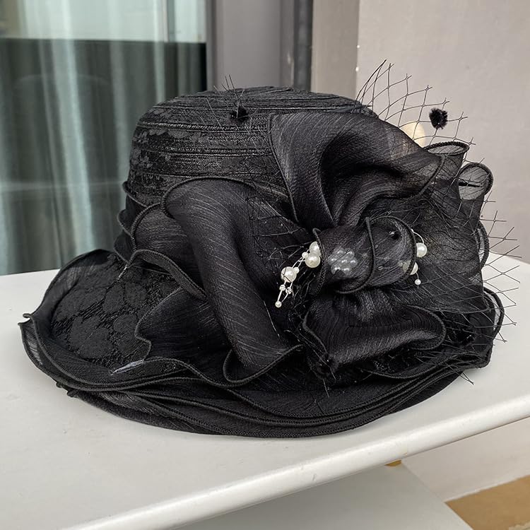 Women's Organza Derby Fascinator Hat Cloche Bowler Hat Cocktail Tea Party Wedding Sun Hat - color: J-black