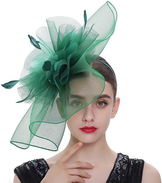 Women's Fascinators Hat for Women Tea Party Headband Wedding Cocktail Flower Mesh Feathers Hair Clip - color: 01 Green