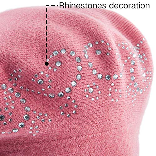 LADYBRO Rhinestone Beret Hats for Women 2 Layers Wool Knit Cap Lady Winter - color: Pink