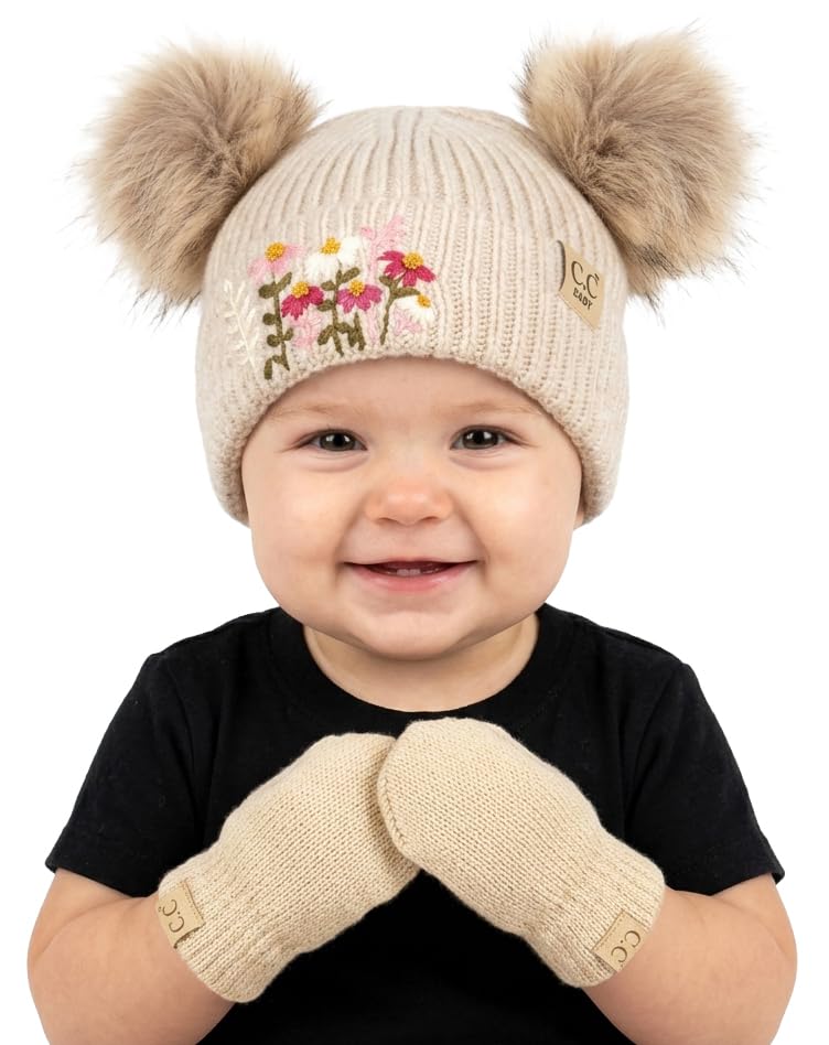 Funky Junque Baby Double Faux Fur Pom Pom Beanie & Mittens Set – Newborn Infant 0–9 Months Winter Hat with Soft Lined Mittens - color: Embroidered Flowers - Beige (0-9 Months)