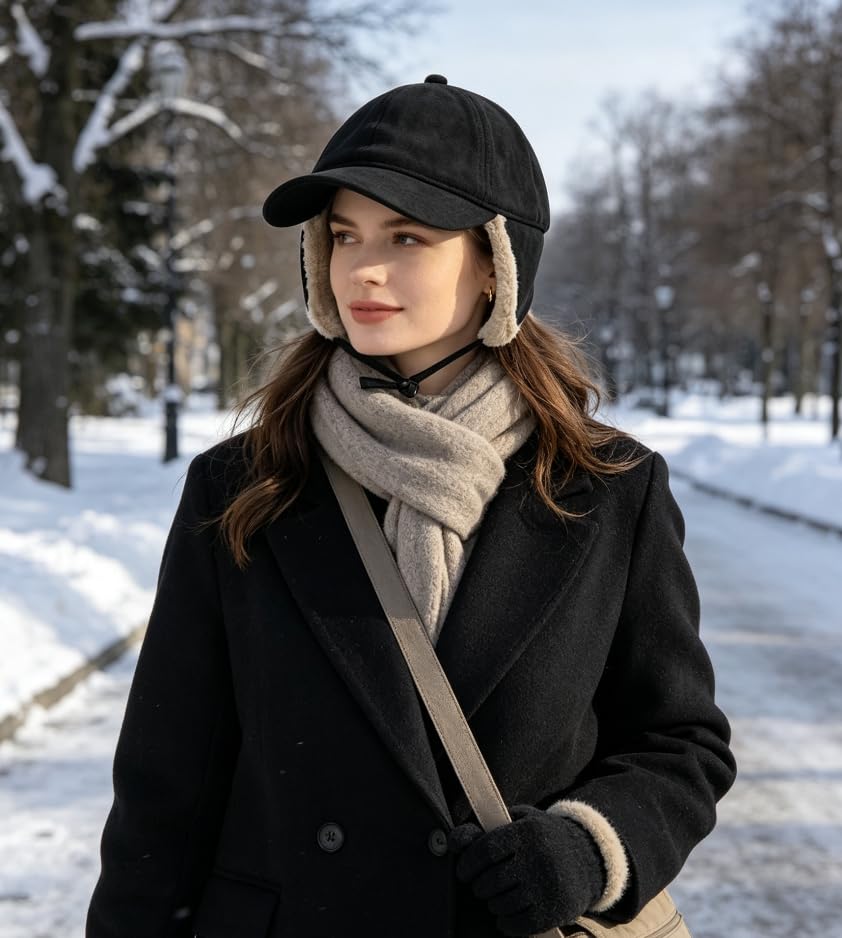 Women Winter Waterproof Earflap Trapper Hats Hunting Ski Hat Sherpa Baseball Cap Ear Flap Fashion Cap Aviator Hat - color: Black