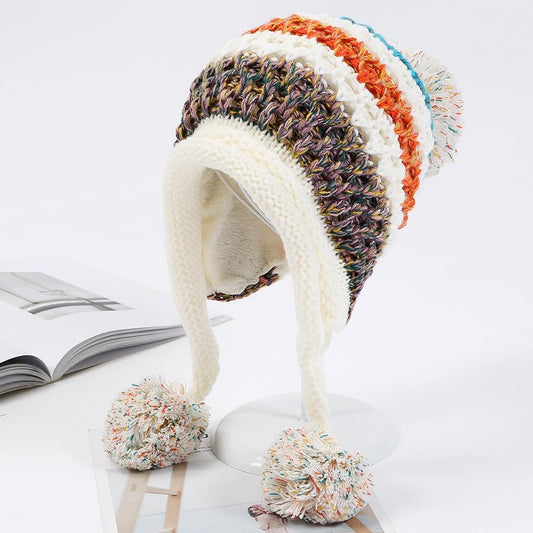 Women Winter Peruvian Cover Ears Beanie With Ear Flaps - Knit Crochet Hat - color: White