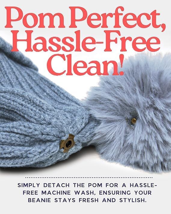 Funky Junque Women’s Winter Detachable Pom Beanie – Warm Knit Hat with Removable Faux Fur Pom, Soft Stretch Acrylic Cozy Cap - color: Denim
