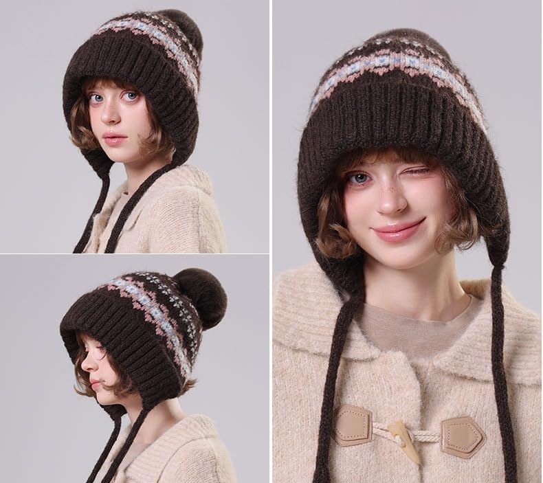 TINAYAUE Women Winter Beanie Hat Retro Jacquard Knit Warm Fleece Lined Ski Snow Cap Slouchy Earflap Pompom Hat with Strings - color: Coffee