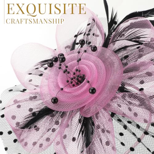 DRESHOW Fascinators Hat Flower Mesh Ribbons Feathers on a Headband and a Clip Tea Party Headwear for Girls and Women - color: 7" Diameter / Black & Pink