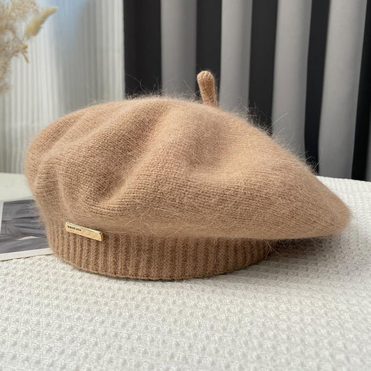 Yanmucy Beret Hat Women Girl, Fluffy Knitted French Beret Warm Classic Beanie Hats Cap for Ladies Men Winter Autumn - color: Khaki