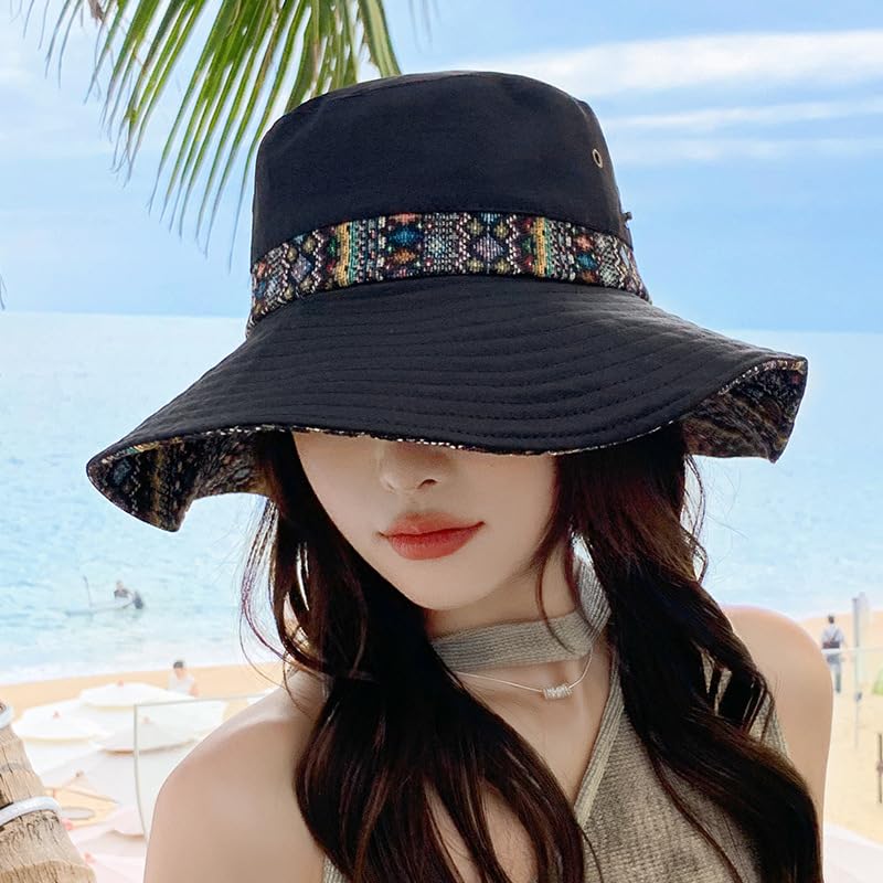 Womens Wide Brim Floral Summer Sun Hat UPF 50+ Ethnic Style Foldable Floppy Sun Protection Travel Beach Bucket Hat - color: Black