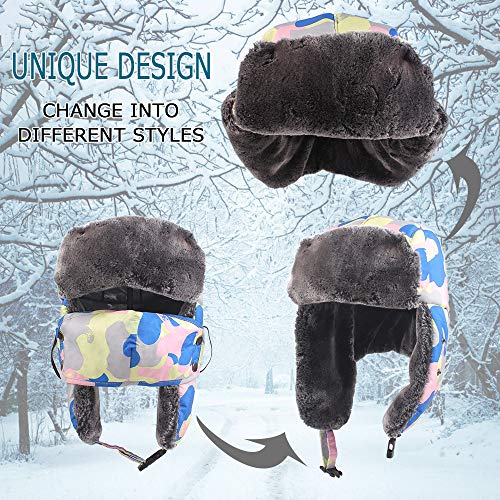 Winter Boy Trapper Trooper Hat Outdoor Warm Girls Ski Cap Windproof Mask Ear Flaps Hats for Kids - color: Camouflage Pink-adult, size: One Size