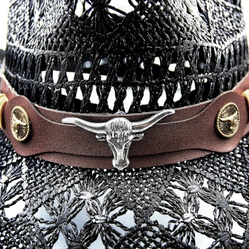 Foeran Men's Women's Straw Cowboy Hat Cowgirl Woven Sun Hat Western Cowboy Hat Two Decorative Bands - color: Black-bull Head