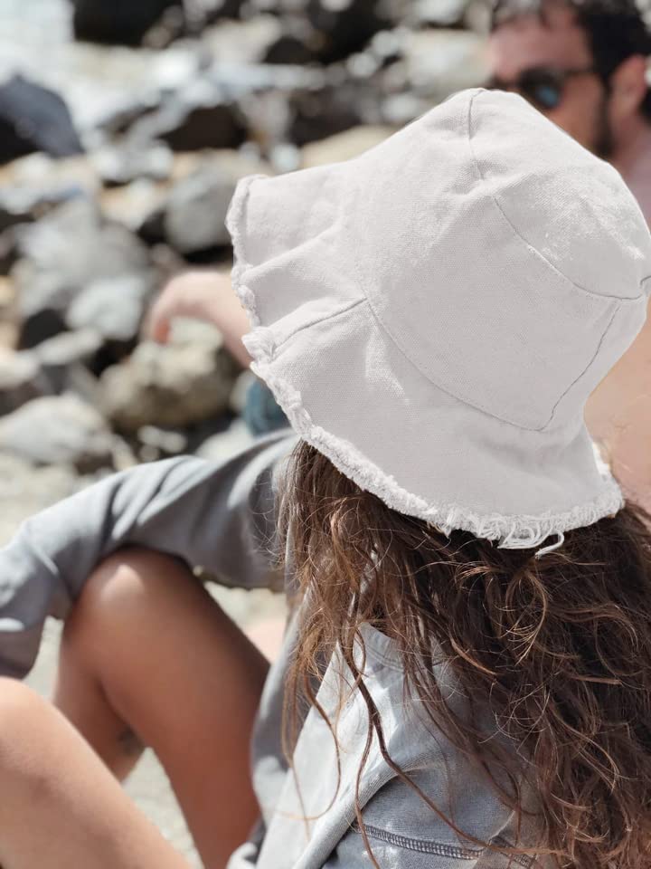 Bucket-Hat-Distressed Sun-Protection Washed-Cotton Beach-Sun-Hat - Summer-Wide-Brim(3.2inch Brim) Beach-Cap(Size:S-M) - color: Beige+white 2pcs