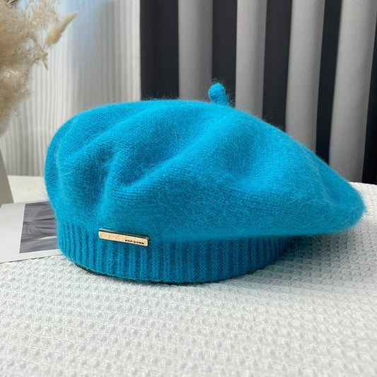 Yanmucy Beret Hat Women Girl, Fluffy Knitted French Beret Warm Classic Beanie Hats Cap for Ladies Men Winter Autumn - color: Blue
