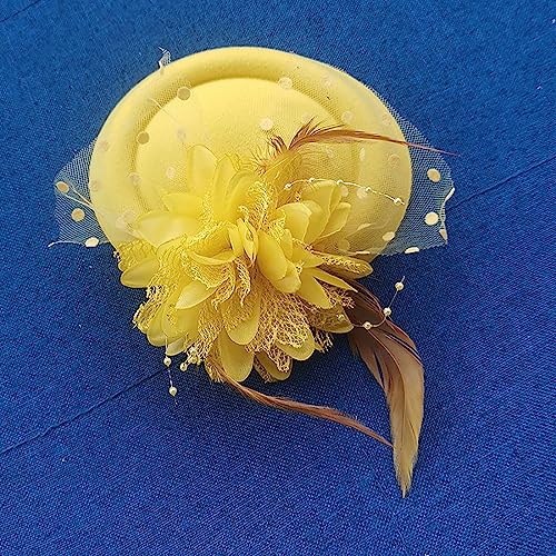 Fascinators Hats Pillbox Hat for Girl and Women - color: Yellow-fascinator With Flower Feather