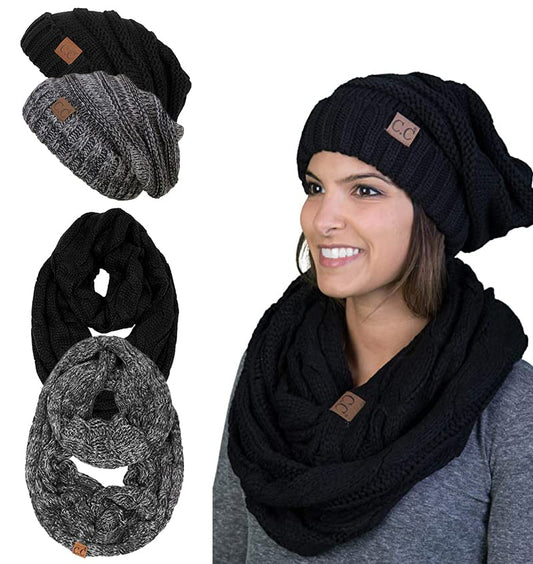 Funky Junque Slouchy Beanie & Infinity Scarf Gift Set – Matching Winter Accessories Sets for Women, Oversized Hat and Scarves - color: 2 Pack: Black & Black/Grey Mix #31