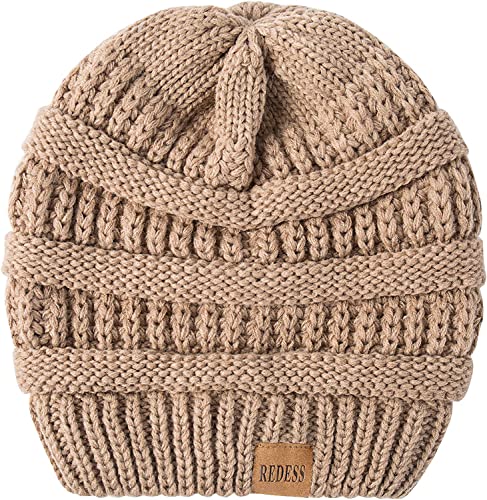 REDESS Slouchy Beanie Hat for Men and Women Winter Warm Knit Hat Chunky Soft Oversized Cable Cap - color: A5 Khaki