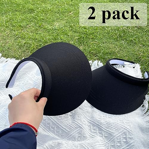 2 Pack Sun Visors Women Wide Brim Clip on Summer Hats Adjustable UV Protection - color: 2pcs,black