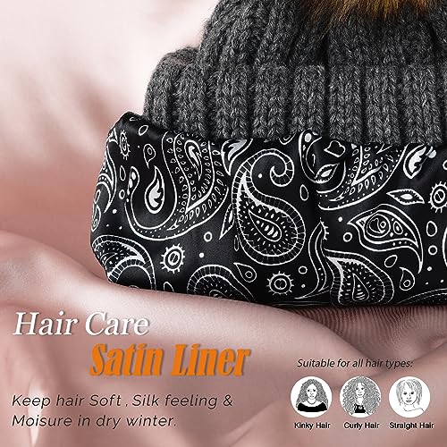 FURTALK Womens Winter Beanie Hat Satin Lined Faux Fur Pom Pom Beanies Hat for Women Winter Warm Knit Hats - color: Dark Grey