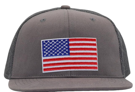 Men Flat Bill USA Flag Mesh Hat Fits OSFM&XXL Head | Snapback Trucker Cap | 250th US Anniversary Veterans Memorial Day Gifts - color: Dark Grey, size: X-Large-XX-Large