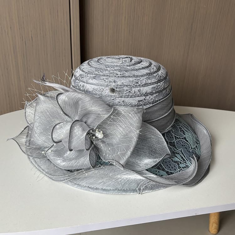 Women's Organza Derby Fascinator Hat Cloche Bowler Hat Cocktail Tea Party Wedding Sun Hat - color: J-grey