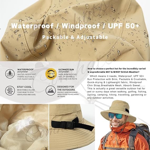 TOP-EX Men's Waterproof Bucket Sun Hat, UPF 50+ Wide Brim, S/M-XXL - color: 94573_khaki, size: Large