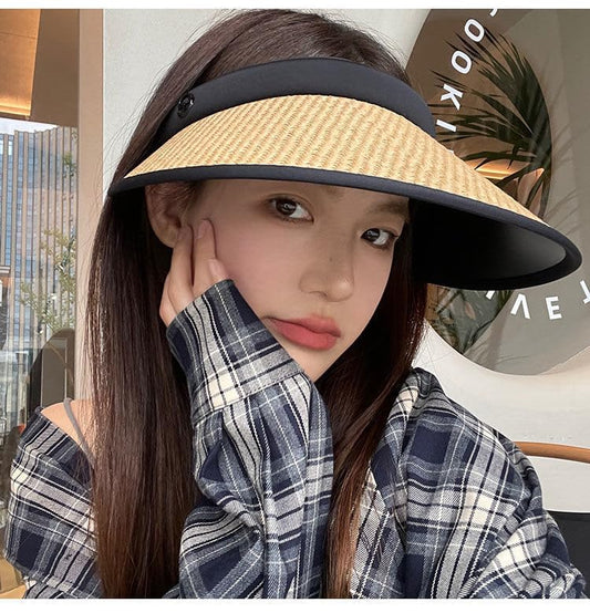 Women Straw Sun Visor Cap Summer Wide Brim Beach Cap Cycling UV Protection Sun Hat Ponytail Foldable Visor with Chin Strap - color: Khaki