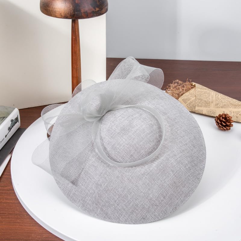 Wide Brim Church Hat for Women - Elegant Kentucky Fascinator with Bow Mesh,Bridal Wedding Tea Party Derby Formal Top Hats - color: Gray